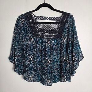 Aeropostale Blue Pattern Crochet Flowy‎ Boho Blouse Top XS